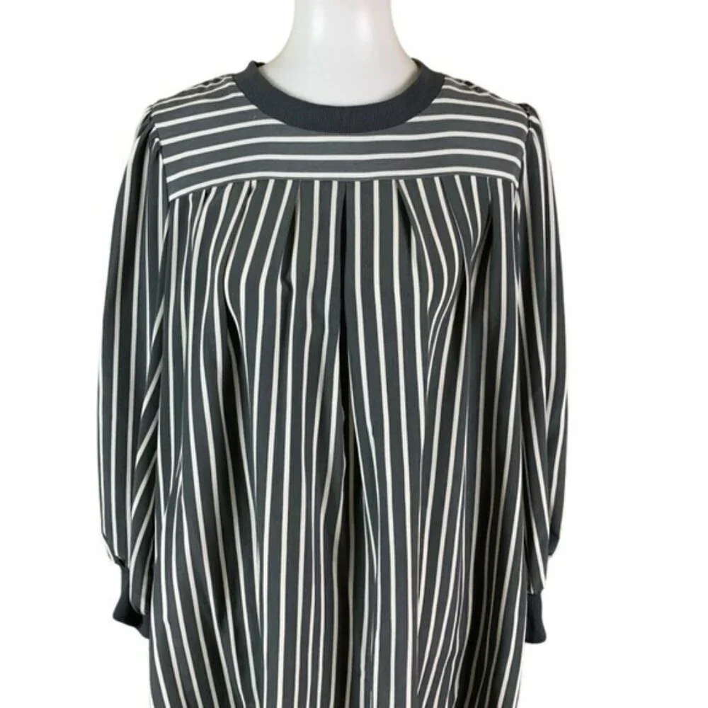 LDT Striped Balloon Sleeve Tunic‎ Dress Gray White Modest Chic Oversized 12